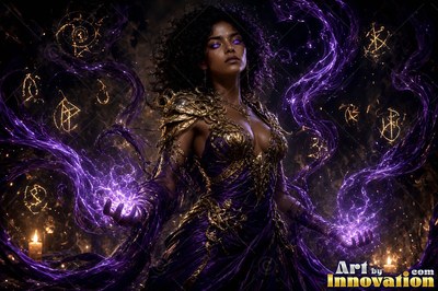 Golden armor wraps the woman in a dark chamber as purple magic coils from her hands