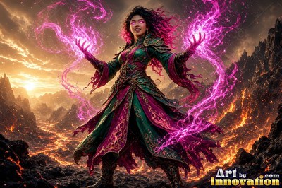A woman raises her hands to channel pink lightning over volcanic rock