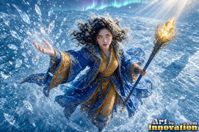 Leaning back over frozen water, a woman in blue robes casts shards of ice