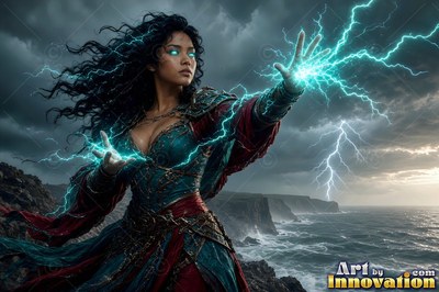 A woman in a blue dress casts teal lightning from her hands beside a stormy sea