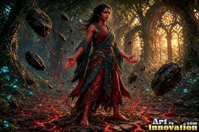 In a ruined stone cathedral, a woman lifts floating rocks in red light