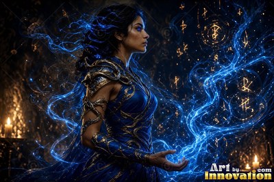 Casting blue energy from her hand, a dark-haired woman wears blue and gold armor