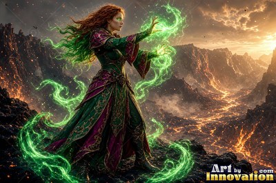 Woman casts green energy over a volcanic mountain valley