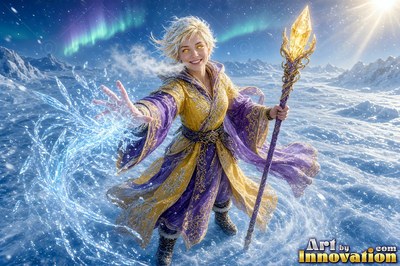 A smiling woman in purple and yellow robes casts swirling ice across a snowy field under northern lights