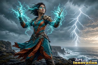 A woman raises her hands to summon blue lightning that lights her face by the stormy sea