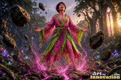 Arms spread in a ruined courtyard, a woman lifts floating boulders with pink light