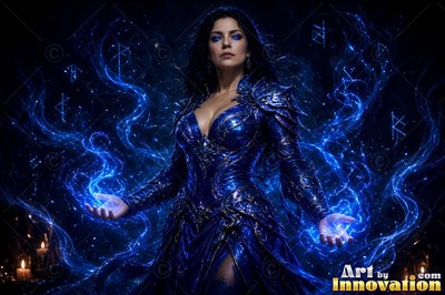 A woman in blue armor holds out hands filled with bright blue magic sparks