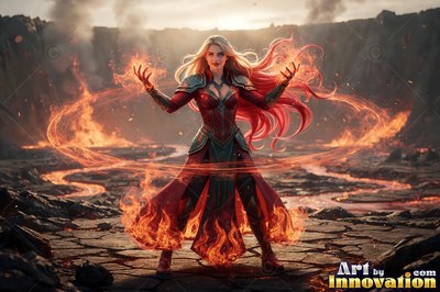 In a rocky volcanic field, a woman in red armor casts swirling rings of fire