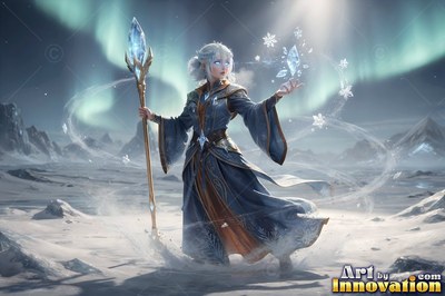 Casting ice shards, a woman in blue robes holds a crystal staff beneath northern lights
