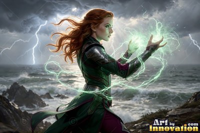 A red-haired woman throws green lightning by a stormy sea
