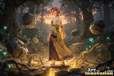 Bare shoulders patterned with gold mark a woman standing in a dark forest as stones float around her