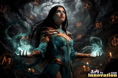 A dark-haired woman hurls swirling spells from her hands, lit by pale blue light