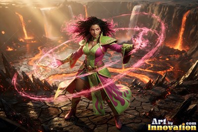 Crouching in a volcanic crater, a woman hurls bright pink magic swirls