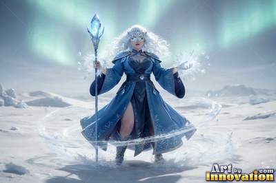 A woman in a blue coat casts ice magic on a frozen plain under the northern lights