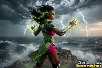 By a stormy sea, a woman hurls green lightning from her raised hands