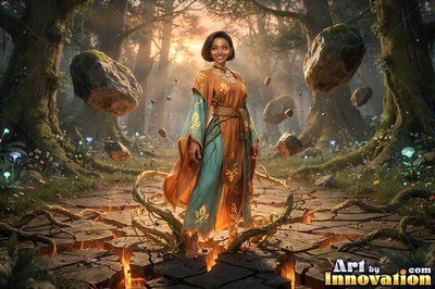 Raising heavy rocks, a smiling woman in teal and orange robes stands on cracked earth