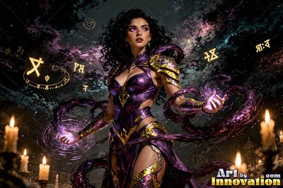 Woman in purple armor casting dark magic swirls around candles