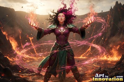Wearing green and purple armor, a woman shoots pink fire across a volcanic field