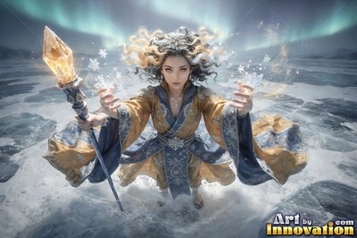 A woman conjures ice crystals on frozen ground, lit by a shining staff