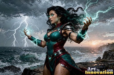 Turned slightly on a rocky coast, a woman holds blue lightning in her hands