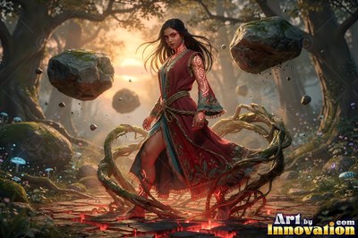 A woman in a red robe lifts large rocks and vines from the forest floor