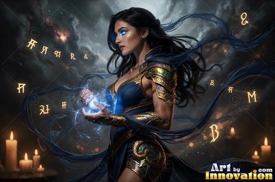 In a dark room with candles, a dark-haired woman holds a bright blue sphere