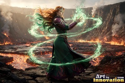 Casting green light, a red-haired woman in a robe stands over fiery volcanic ground