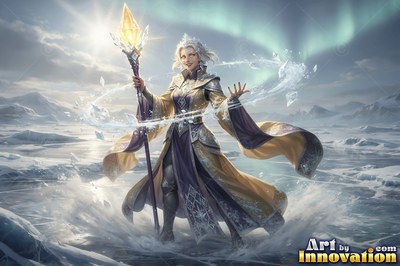 A woman holding a crystal staff swirls ice across frozen tundra