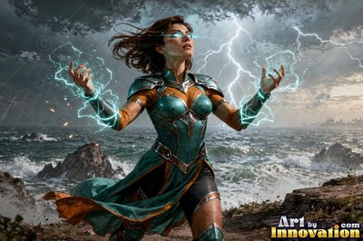 In teal metal armor on a rocky seashore, a woman channels lightning with raised hands