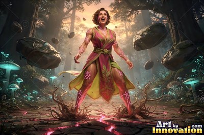 A woman lifts heavy stones with magic in a forest lit by pink cracks in the ground