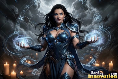 Facing forward in a dark shrine, a woman in blue armor holds bright light in her hands
