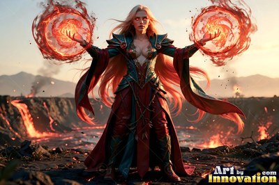 A blonde woman in red robes casts two fireballs in a rocky volcanic field