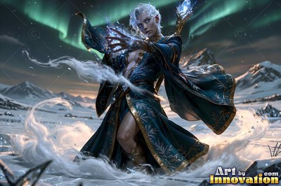 In a snowy valley, a woman in teal robes casts swirling frost from her hands