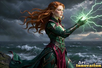 Casting green lightning from her hand, a red-haired woman in armor faces the sea