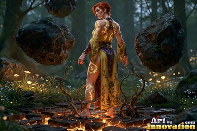 Woman in a yellow robe raises heavy rocks in a forest