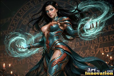 Wearing teal scaled armor, a dark-haired woman throws swirling blue energy in a dark chamber