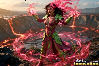 A woman conjures pink flames from her hands above a crater of hot orange lava