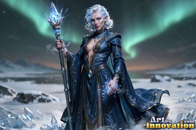 Standing tall in a snowy field, a woman in a blue robe holds an ice staff