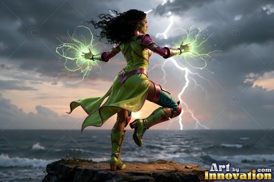 A woman in a green dress casts green lightning over a stormy sea