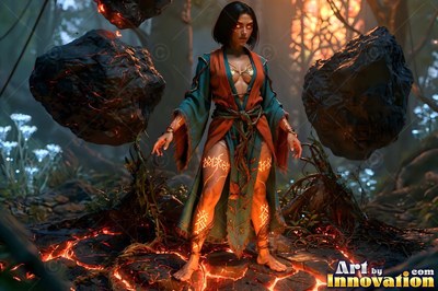 In a dark forest, a woman in a teal robe lifts floating black boulders