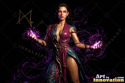 Holding purple light in her open hands, a woman in a slit dress stands in the dark
