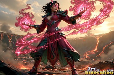 Woman in red armor conjures pink fire by a volcano crater