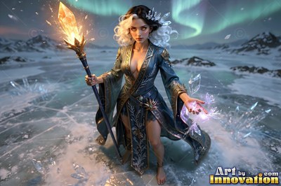 A woman with two-tone curly hair holds a crystal staff on frozen ground beneath green northern lights