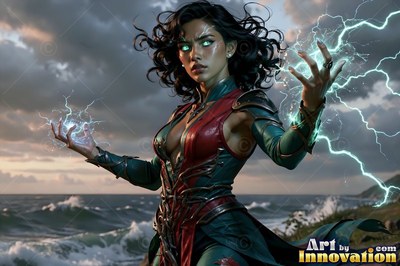 A woman throws lightning from her hands beside the sea, lit by pale blue sparks