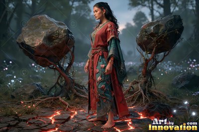 Standing barefoot in a misty forest, a woman in red robes lifts two heavy boulders