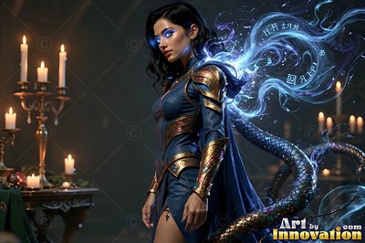 A dark-haired woman in blue armor casts bright blue spells by candlelight