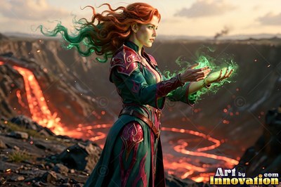 Above a volcanic valley, a red-haired woman holds green fire in her hands