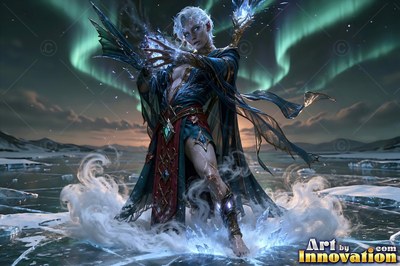 Casting frost magic, a woman stands barefoot on ice under green northern lights