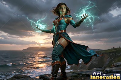 A woman in teal armor casts lightning on a cliff over the sea