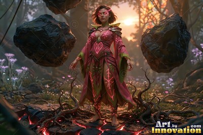 Wearing a pink robe, a woman levitates large dark boulders in a dim forest sunset